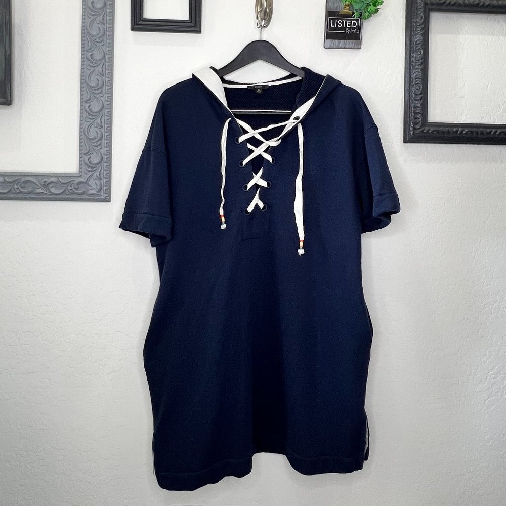 J Crew - Navy Blue Hooded, Lace-Up Terry Dress - Size M